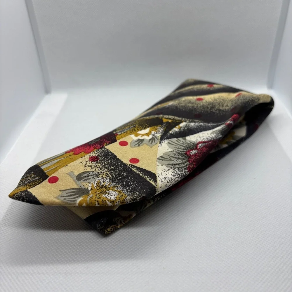 Brioni Silk Tie Mens Black Gold Red Abstract Floral Made Italy 80s Vintage